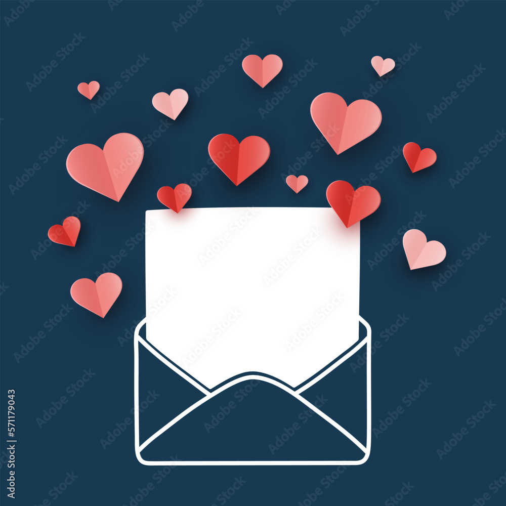 Valentine’s hearts with envelope. Paper cut decorations. Vector illustration