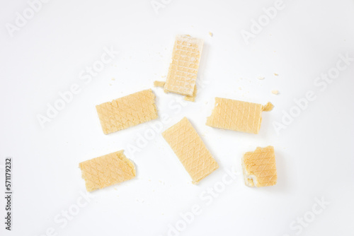 Wafer pieces isolated on white background. Top view, flat lay.
