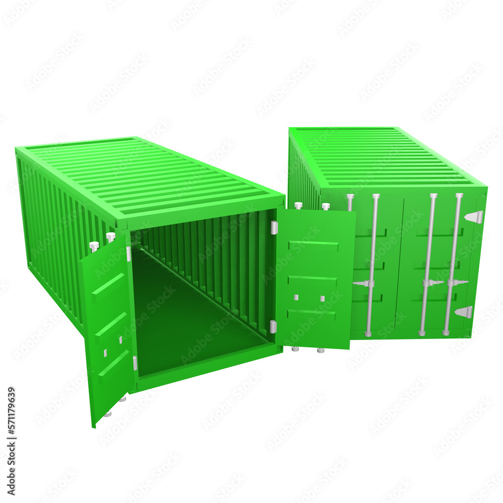 3D design of cargo containers for storage transportation illustration. 3D design of two green colored cargo with open and closed doors, front view illustration 3D design of cargo containers for storage transportation illustration. 3D design of two green colored cargo with open and closed doors, front view illustration