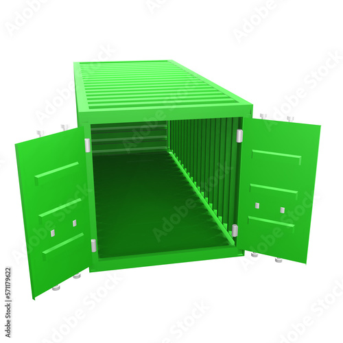 3D design of cargo containers for storage transportation illustration. 3D design of a green colored cargo with open doors
