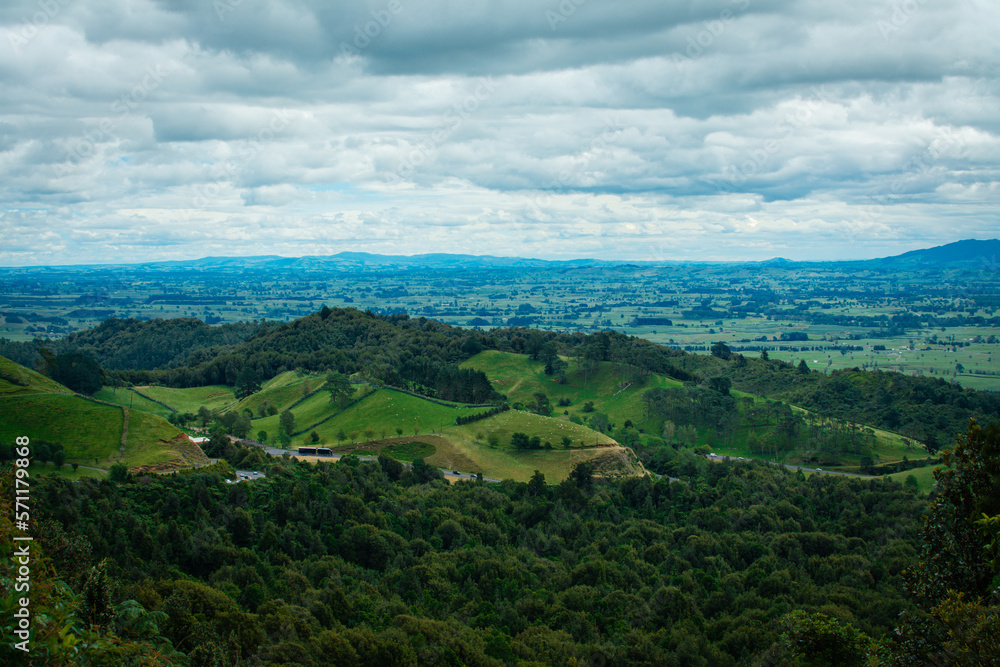 The Kaimai Range is a mountain range in the North Island of New Zealand. Beautiful green mountain landscape with forests and meadows