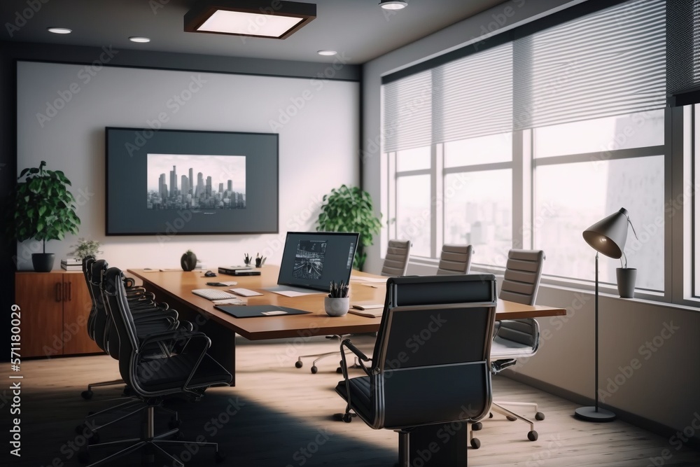 Modern Corporate Conference Room with Table and Projector Screen Modern Corporate Conference Room with Table and Projector Screen