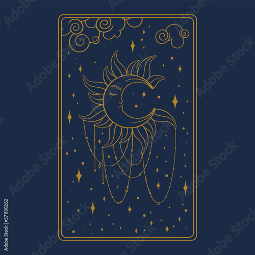 Tarot mystic golden card. Occult tarot design for oracle card covers. Vector illustration isolated in blue background