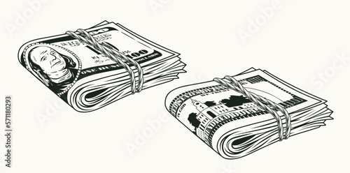 Wad of 100 dollar bills folded in half and tied with jute rope. Banknotes with obverse and reverse side. Cash money. Vintage style. Detailed monochrome vector illustration on white background