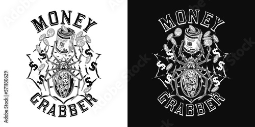 Black and white money label with metallic robot spider in steampunk style, roll of 100 US dollar bills, coins, text. Grunge silhouette of spiderweb behind. For prints, clothing, surface design.