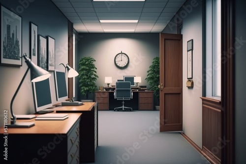 Modern corporate office interior with cubicles  filing cabinets and wall clock