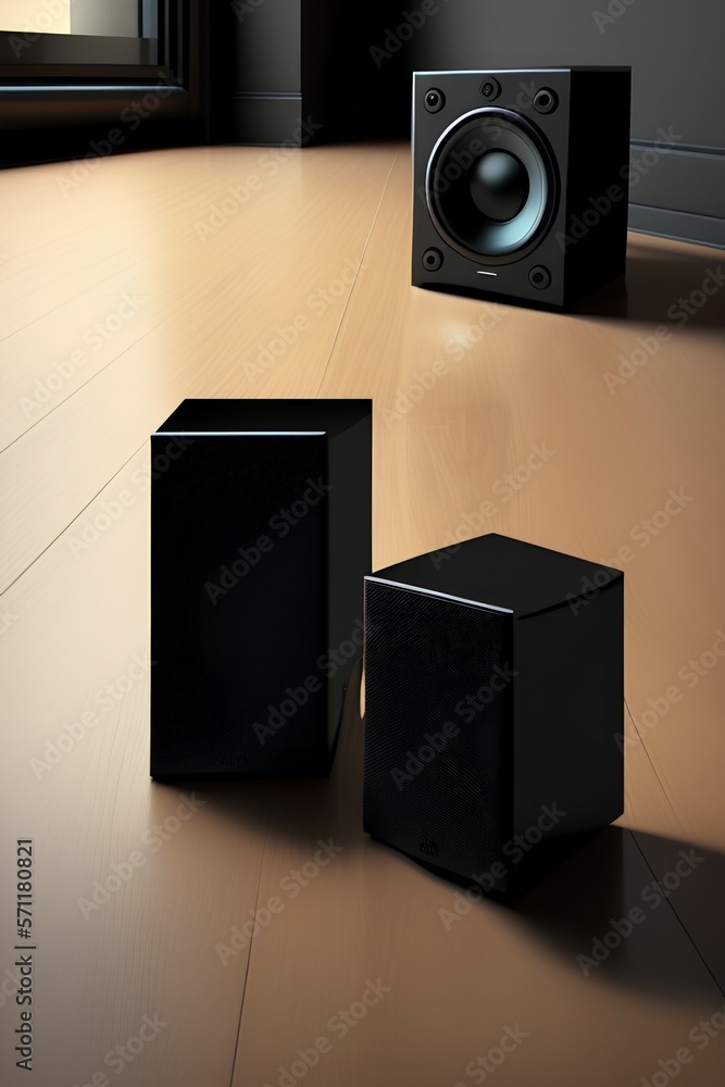 Black audio speakers on the floor - generative ai Black audio speakers on the floor - generative ai