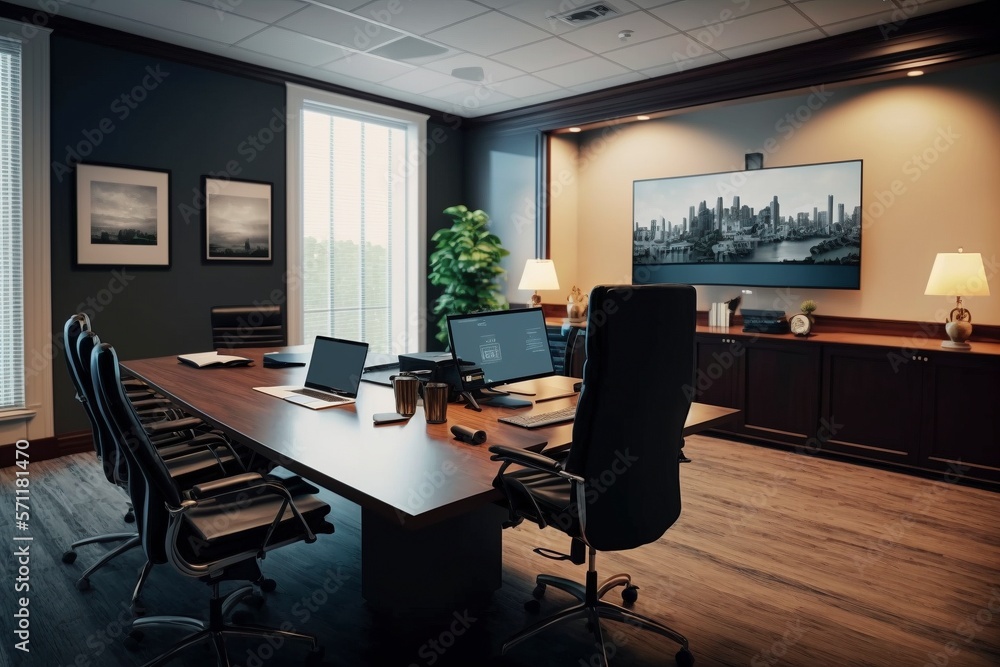 Professional Boardroom Meeting with a Wide-Angle View of Furniture, Chairs and TV Professional Boardroom Meeting with a Wide-Angle View of Furniture, Chairs and TV