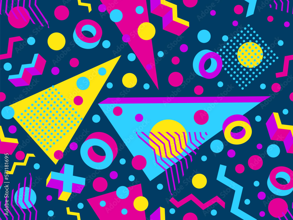 Geometric seamless pattern with 3d shapes in 80s memphis style. Isometric 3D geometric shapes in different colors. Design for printing on paper, banners and wallpapers. Vector illustration Geometric seamless pattern with 3d shapes in 80s memphis style. Isometric 3D geometric shapes in different colors. Design for printing on paper, banners and wallpapers. Vector illustration