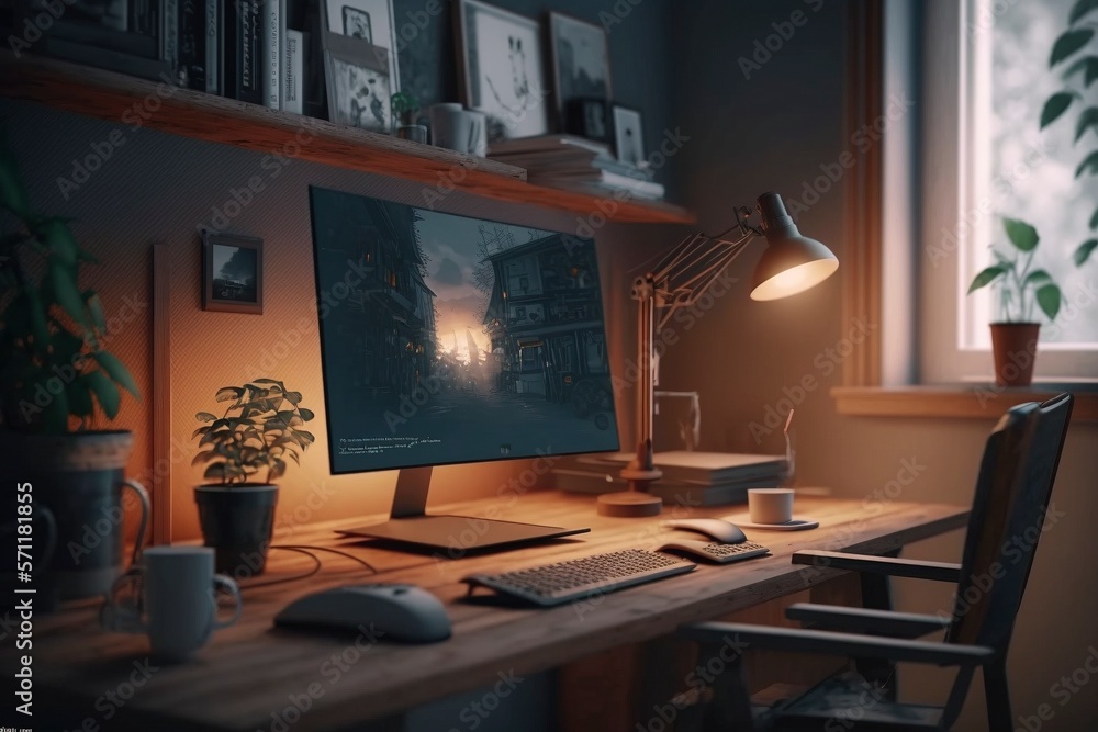 Modern laptop computer sitting atop a wooden desk Modern laptop computer sitting atop a wooden desk