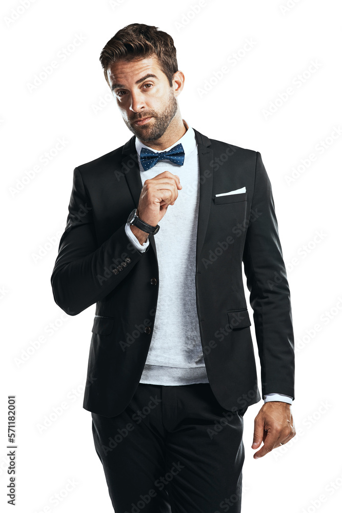 An elegant young businessman in a black tuxedo and trendy beard with bow and tie looking at the camera with a stern look isolated on a PNG background. An elegant young businessman in a black tuxedo and trendy beard with bow and tie looking at the camera with a stern look isolated on a PNG background.