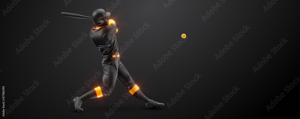 Abstract silhouette of a baseball player on black background. Baseball player batter hits the ball. Abstract silhouette of a baseball player on black background. Baseball player batter hits the ball.