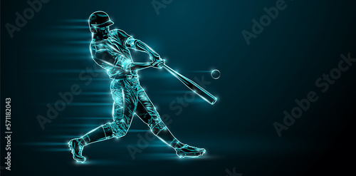 Abstract silhouette of a baseball player on black background. Baseball player batter hits the ball. photo