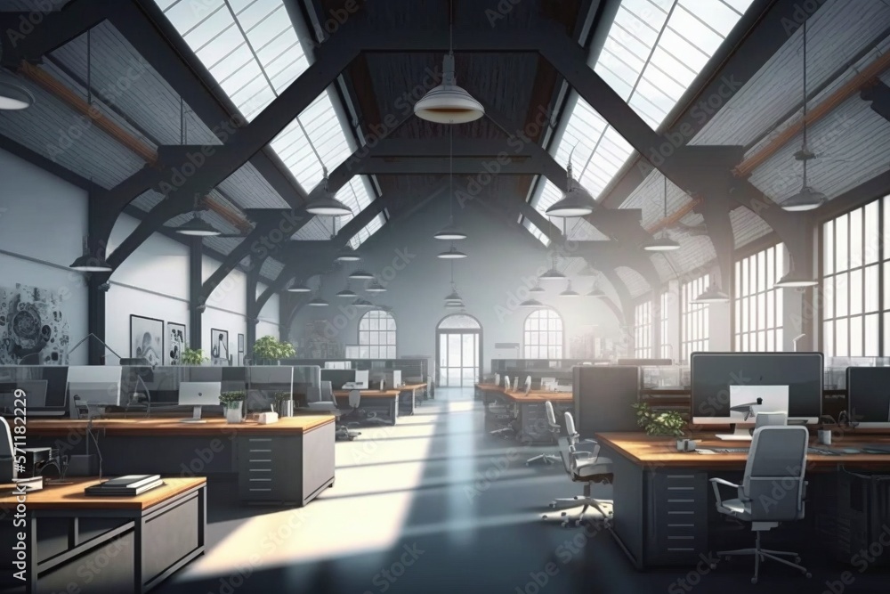 © Digital Dreamscape - Productive Open Office Room with Modern Desks and Computers © Digital Dreamscape - Productive Open Office Room with Modern Desks and Computers