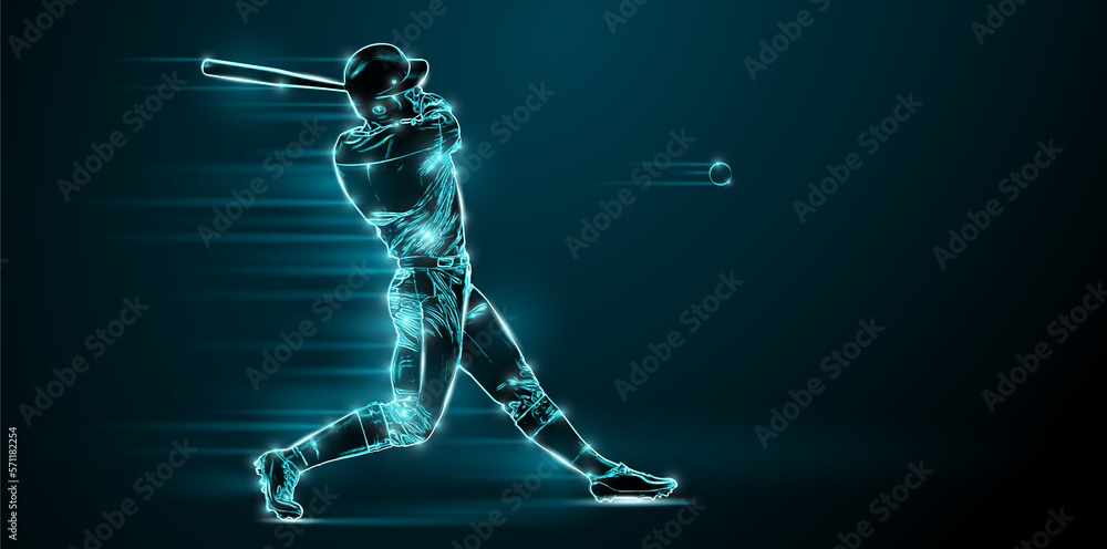Fototapeta premium Abstract silhouette of a baseball player on black background. Baseball player batter hits the ball.