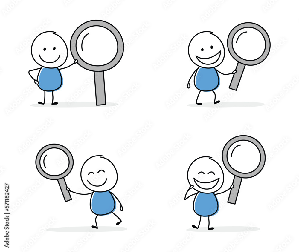 Collection of a funny stickman holding magnify glass icon. Hand drawn design for a business presentation. Vector illustration Collection of a funny stickman holding magnify glass icon. Hand drawn design for a business presentation. Vector illustration