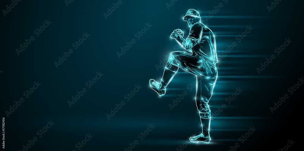 Abstract silhouette of a baseball player on black background. Baseball player batter hits the ball.
