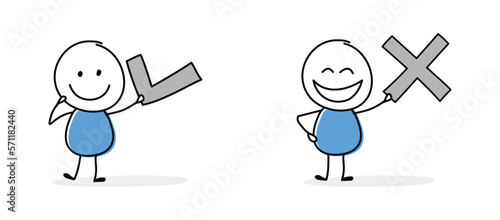 Collection of a funny stickman holding check mark and cross mark sign. Hand drawn icons for a business presentation. Vector illustration