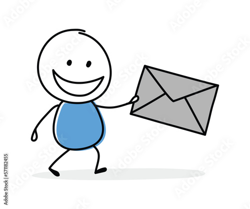 Funny cartoon stickman holding envelope icon. Hand drawn design for a business presentation. Vector illustration