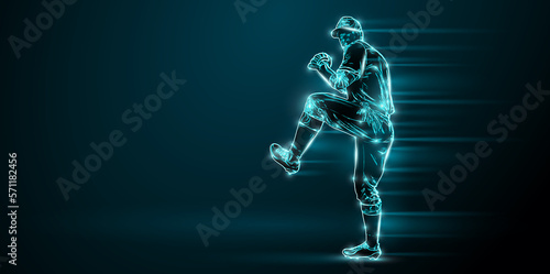 Abstract silhouette of a baseball player on black background. Baseball player batter hits the ball. © Yevheniia