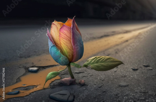 Rainbow colors chinese lantern plant growing on a desolete concrete road, succede against all odds concept.Illustration created with generative AI tools. photo