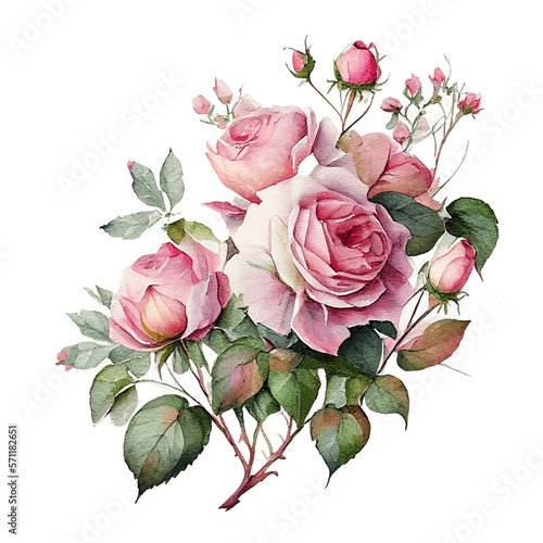 Watercolor floral bouquet composition with roses, png transparent background, generative ai.