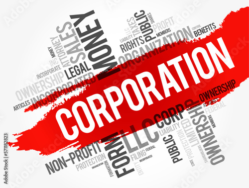 Corporation is a legal entity that is separate and distinct from its owners, word cloud business concept background