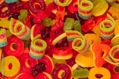 Assorted colorful gummy candies. Top view. Jelly donuts. © Nikolay