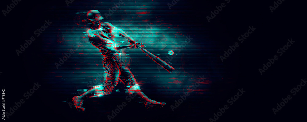 Abstract silhouette of a baseball player on black background. Baseball player batter hits the ball. - obrazy, fototapety, plakaty 