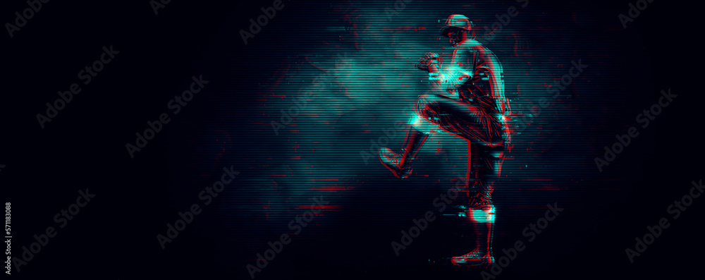 Obraz premium Abstract silhouette of a baseball player on black background. Baseball player batter hits the ball.