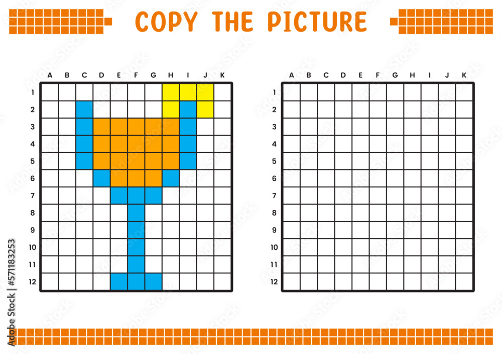Fototapeta premium Copy the picture, complete the grid image. Educational worksheets drawing with squares, coloring areas. Preschool activities, children's games. Cartoon vector illustration, pixel art. Lemonade drink.