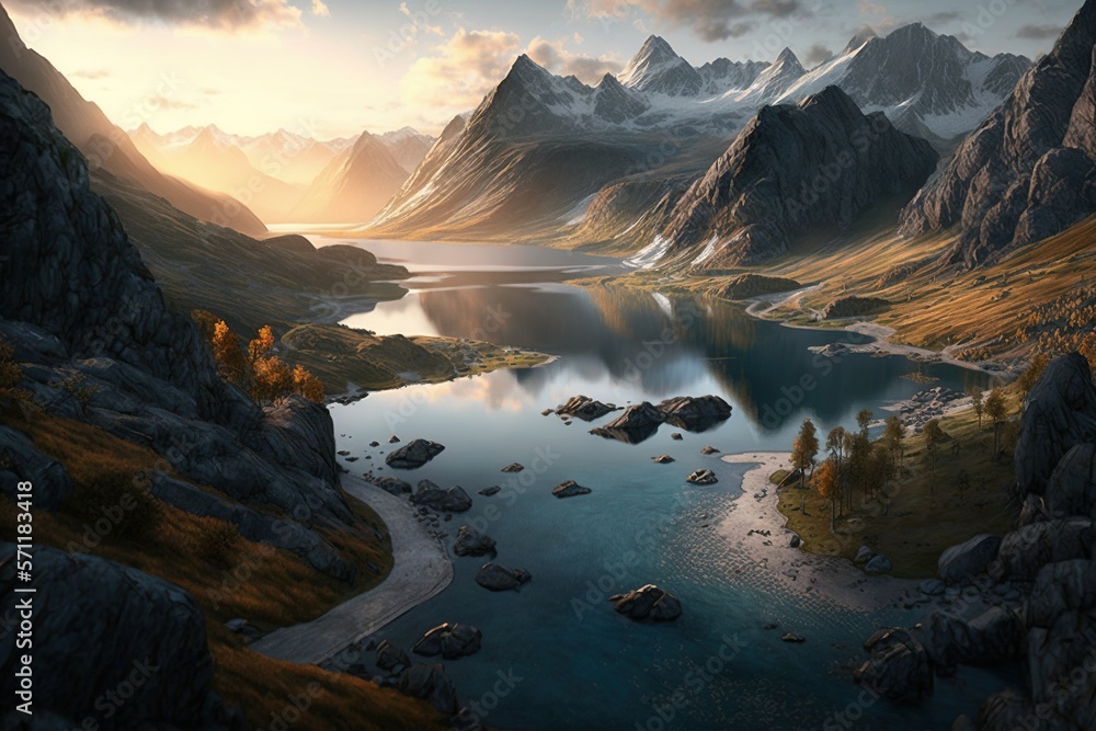 landscape sunrise on river in the mountains Alpes