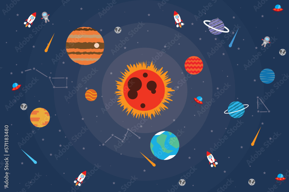 Fototapeta premium Space vector background with astronaut, rocket, spaceship,sun, moon,ufo, planets and stars.