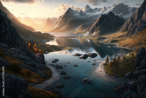 landscape sunrise on river in the mountains Alpes