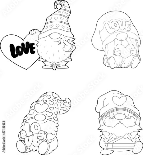 Outlined Cute Gnomes Lover Cartoon Characters In Different Poses. Vector Hand Drawn Collection Set Isolated On Transparent Background