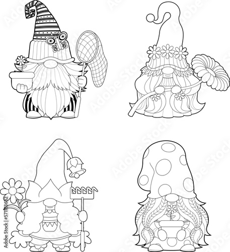 Outlined Cute Spring Gnomes Cartoon Characters In Different Poses. Vector Hand Drawn Collection Set Isolated On Transparent Background