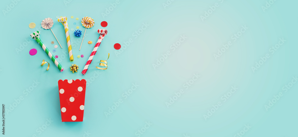 Top view image of party and present objects on pastel background