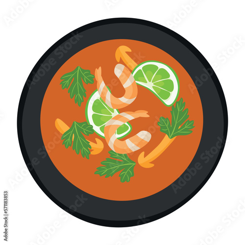 Asian cuisine dish Tom Yum Kung soup isolated on white background. Vector illustration in flat style