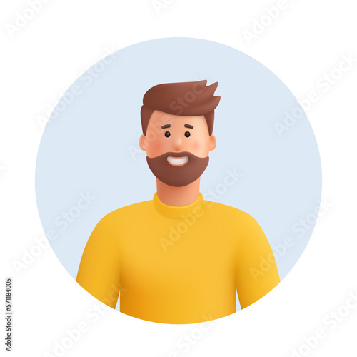 Young smiling man avatar. Man with brown beard, mustache and hair, wearing yellow sweater or sweatshirt. 3d vector people character illustration. Cartoon minimal style.