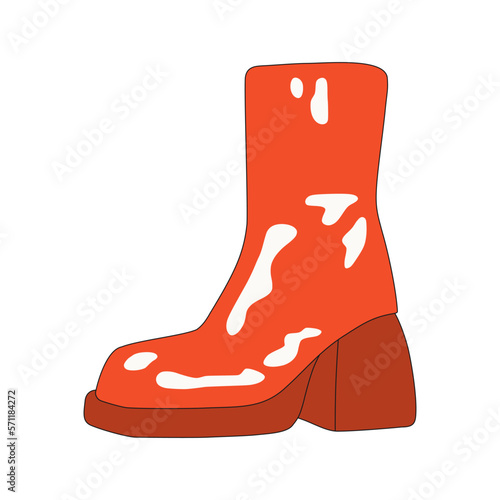Illustration of a retro shoe in the style of the 60s - 70s. Glossy, latex platform shoes. Hippie accessory. Isolated icon on a white background