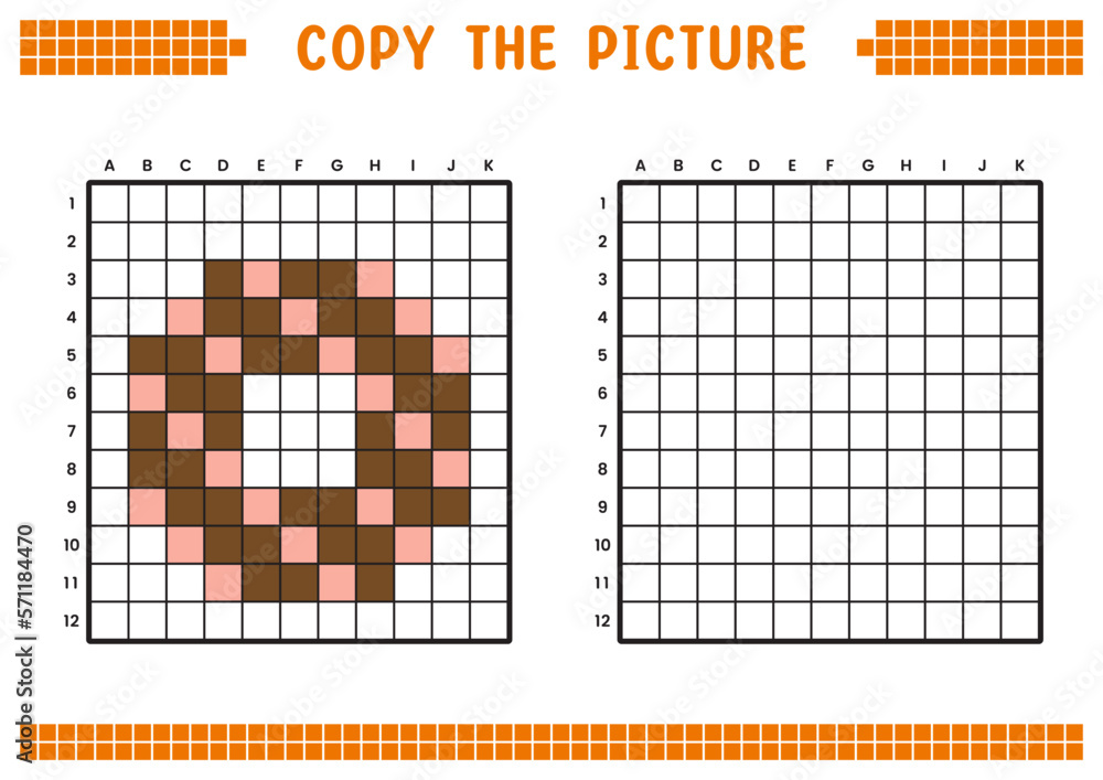 Fototapeta premium Copy the picture, complete the grid image. Educational worksheets drawing with squares, coloring cell areas. Preschool activities, children's games. Cartoon vector illustration, pixel art. Donuts.