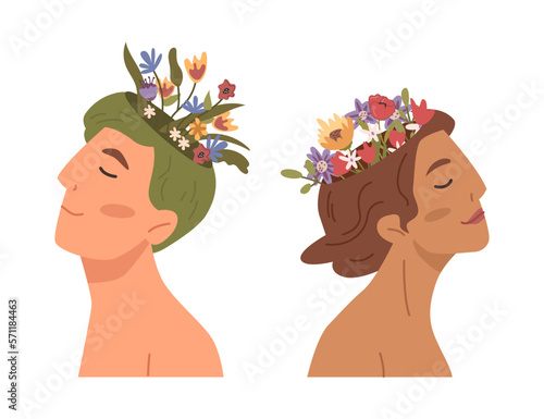 Mind soundness and mental health care, isolated people with flowers blooming on head. Nurturing positive emotions and mindfulness awareness. Vector in flat style