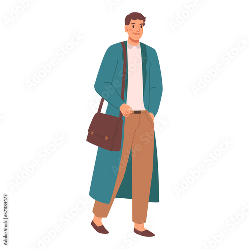 Businessman wearing formal clothes and carrying leather bag on shoulder. Isolated male character walking to work, person with personal belongings. Vector in flat style