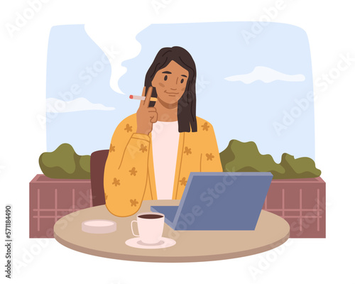 Female character sitting by desk with laptop working and completing tasks. Woman drinking coffee and smoking cigarette in cafe or balcony. Vector in flat style