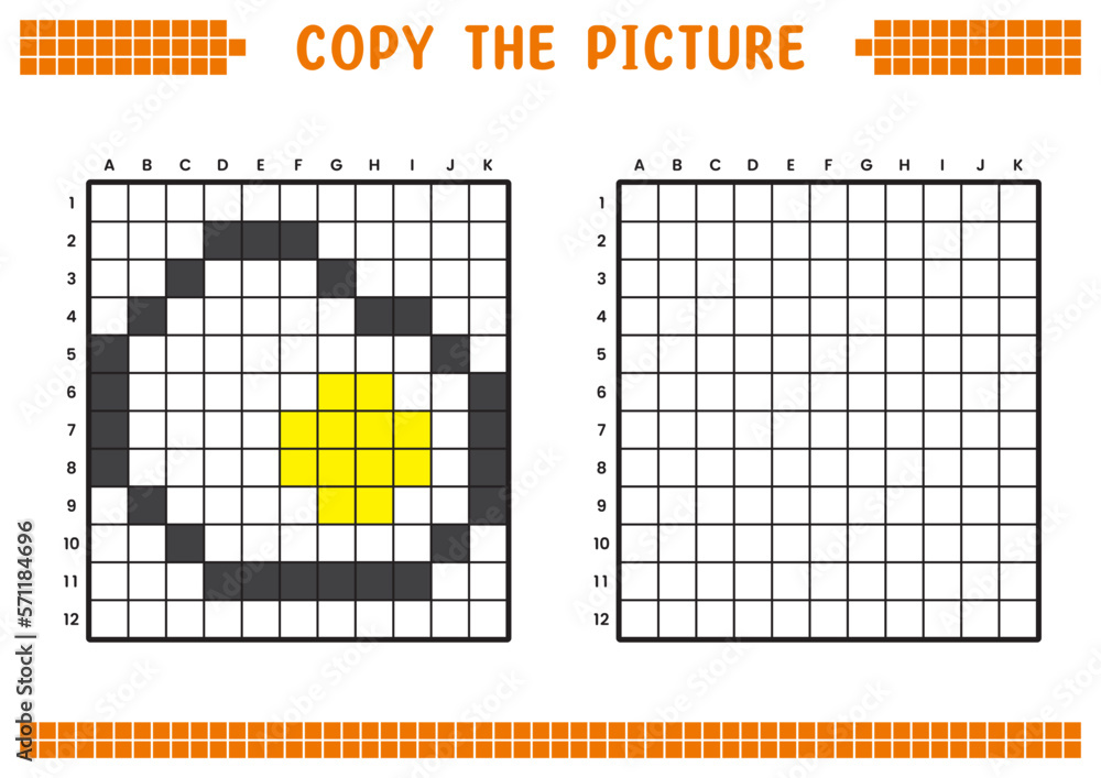 Fototapeta premium Copy the picture, complete the grid image. Educational worksheets drawing with squares, coloring cell areas. Preschool activities, children's games. Cartoon vector illustration, pixel art. Fried eggs.