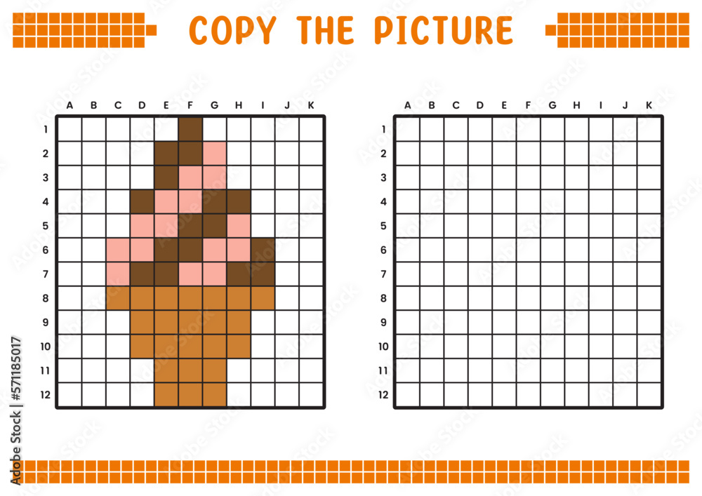 Fototapeta premium Copy the picture, complete the grid image. Educational worksheets drawing with squares, coloring areas. Preschool activities, children's games. Cartoon vector illustration, pixel art. Ice cream cone.