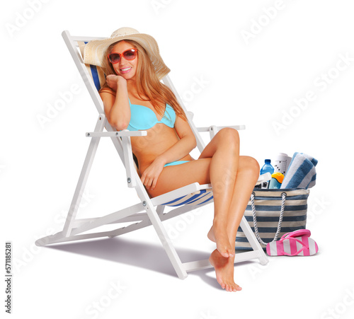 Canvas Print Happy woman sunbathing on a deckchair