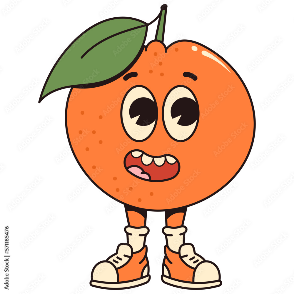 Obraz premium Retro cartoon fruit orange character. Modern illustration with cute comics characters. Hand drawn doodles of comic character. Trendy cartoon style. 70s-80s retro vibes.