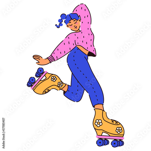 Rollerblading girl character. Roller Skates. Retro girl with blue hair on a skateboard for your design. Fashionable style of the 90s. Nostalgia for the 90s - 2000s. Vector isolated. Flat style.