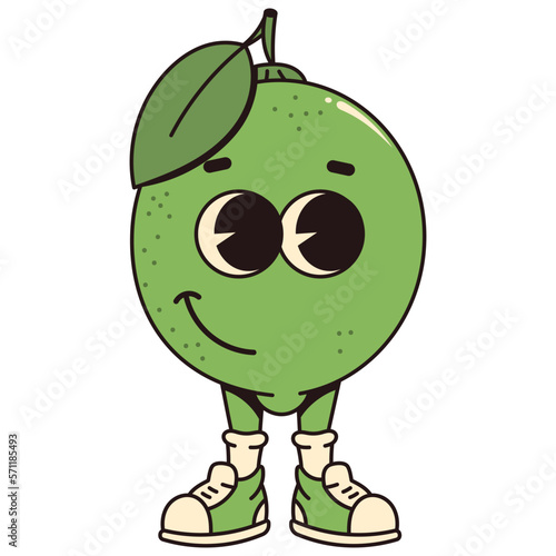 Retro cartoon fruit lime character. Modern illustration with cute comics characters. Hand drawn doodles of comic character.  Trendy cartoon style. 70s-80s retro vibes.